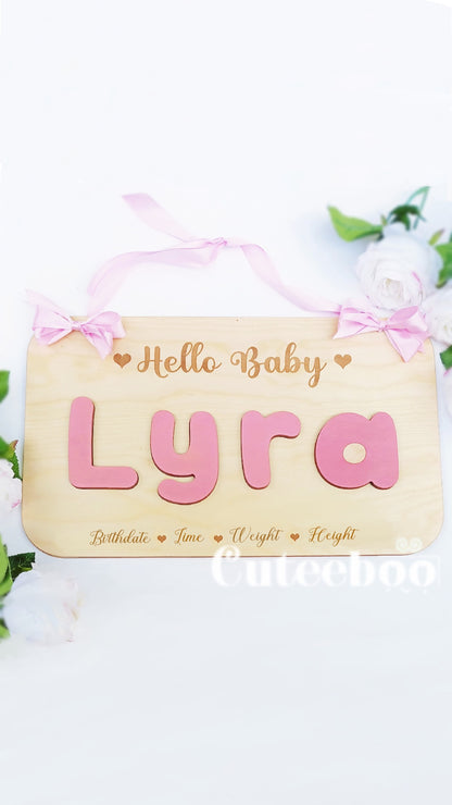 Personalized Wood Baby Name Puzzle with Birth Announcement Sign